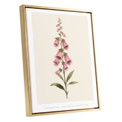 Foxglove Reverie, pink, green, beige floral wall art shown as a gold framed canvas wall art