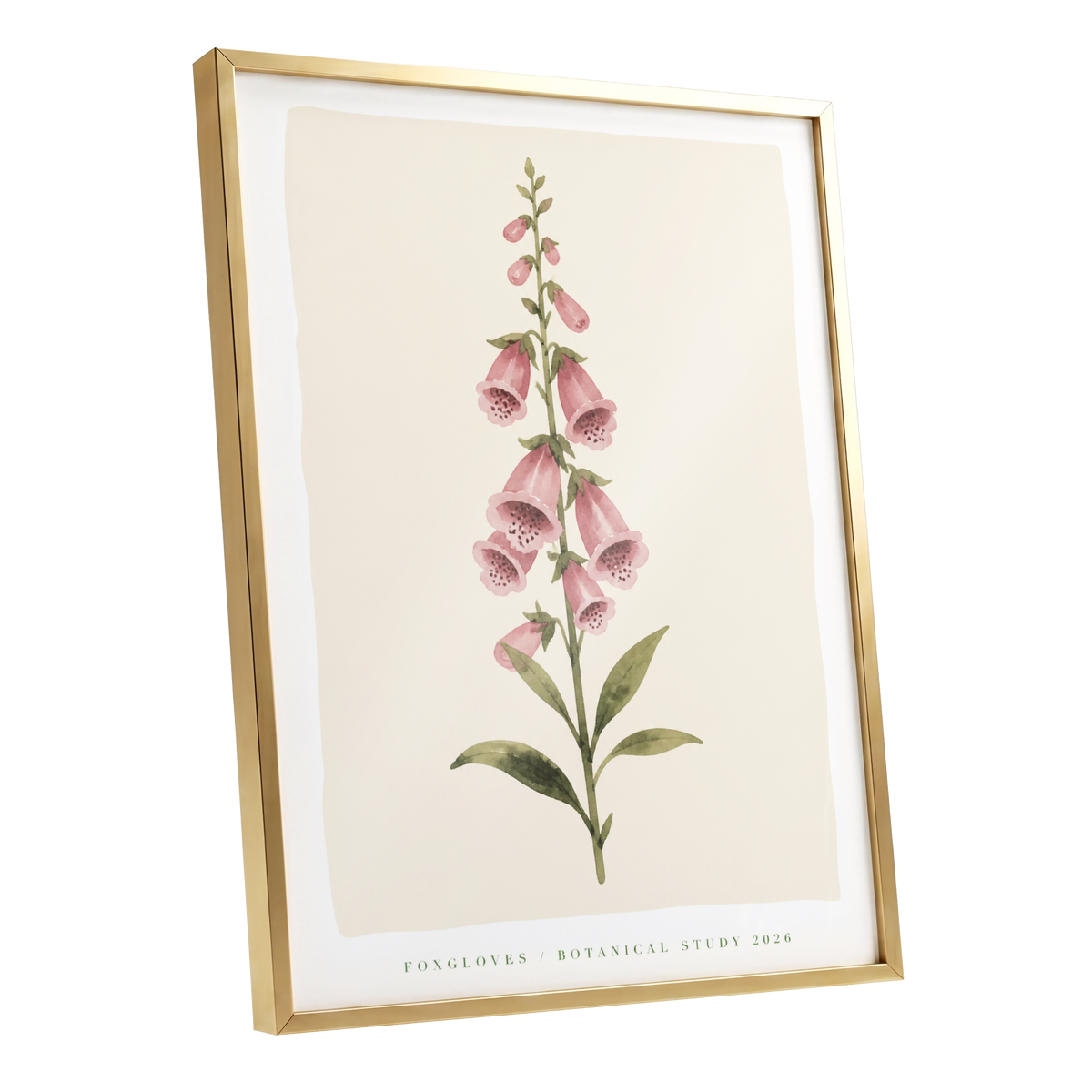 Foxglove Reverie, pink, green, beige floral wall art shown as a gold framed poster wall art print