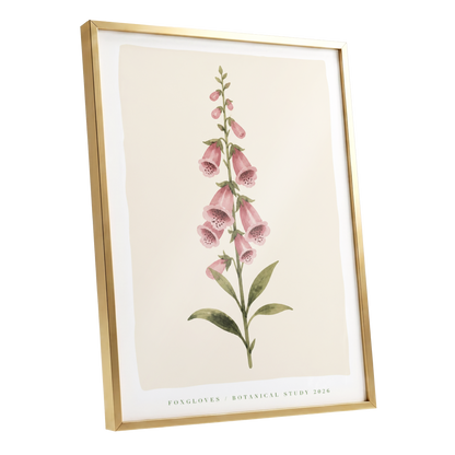 Foxglove Reverie, pink, green, beige floral wall art shown as a gold framed poster wall art print