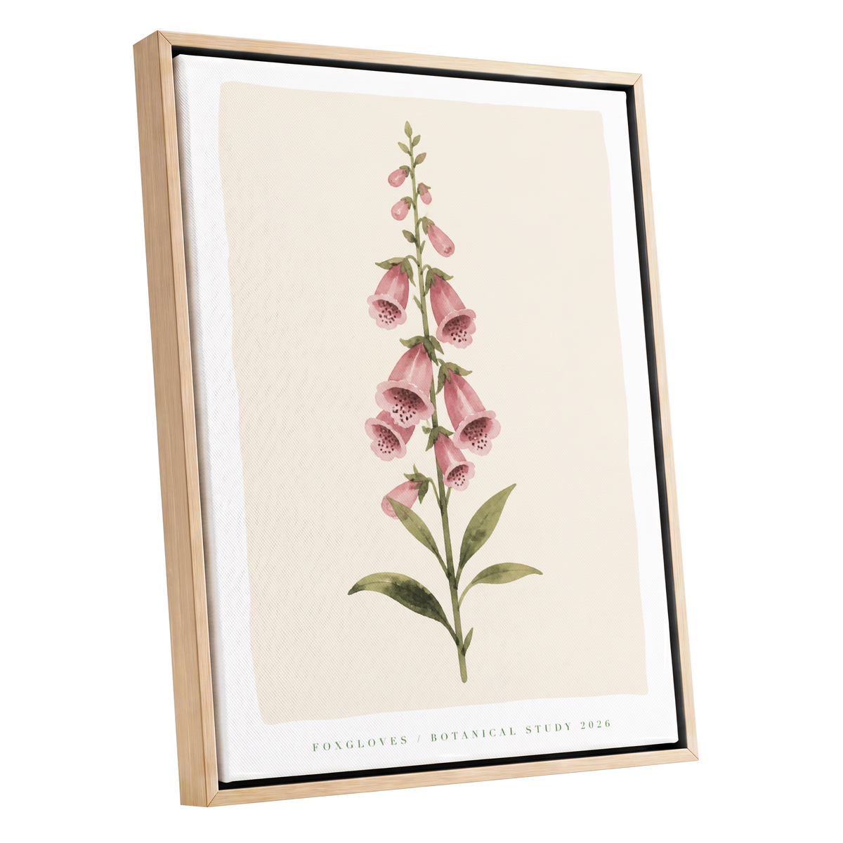 Foxglove Reverie, pink, green, beige floral wall art shown as a oak framed canvas wall art