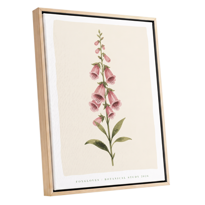 Foxglove Reverie, pink, green, beige floral wall art shown as a oak framed canvas wall art