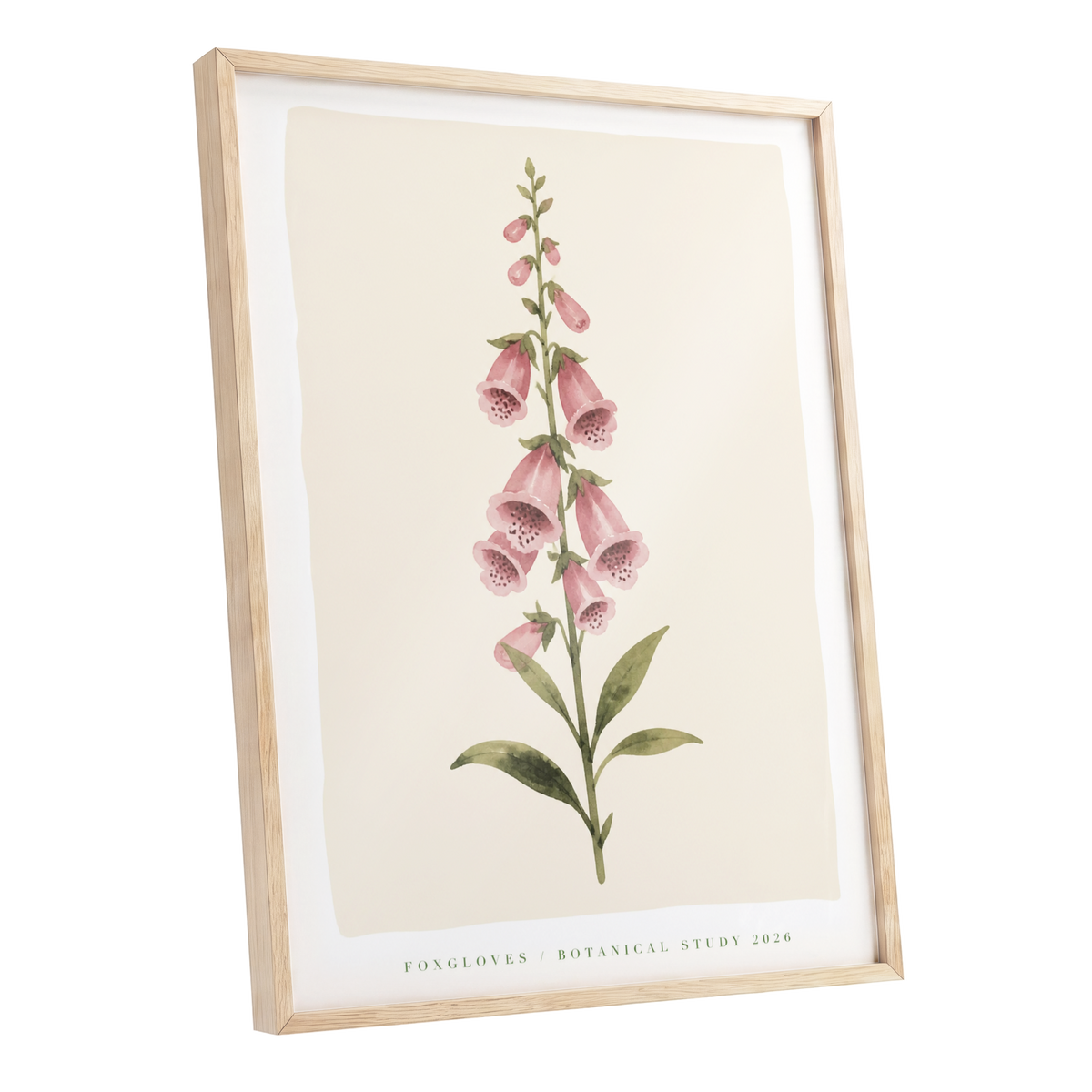 Foxglove Reverie, pink, green, beige floral wall art shown as a oak framed poster wall art print