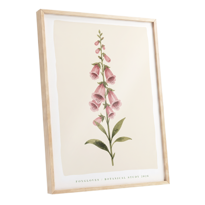 Foxglove Reverie, pink, green, beige floral wall art shown as a oak framed poster wall art print