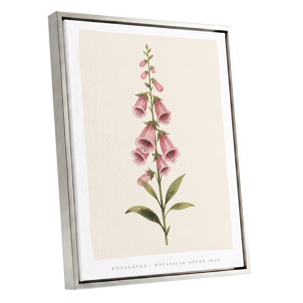 Foxglove Reverie, pink, green, beige floral wall art shown as a silver framed canvas wall art