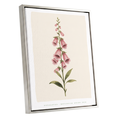 Foxglove Reverie, pink, green, beige floral wall art shown as a silver framed canvas wall art