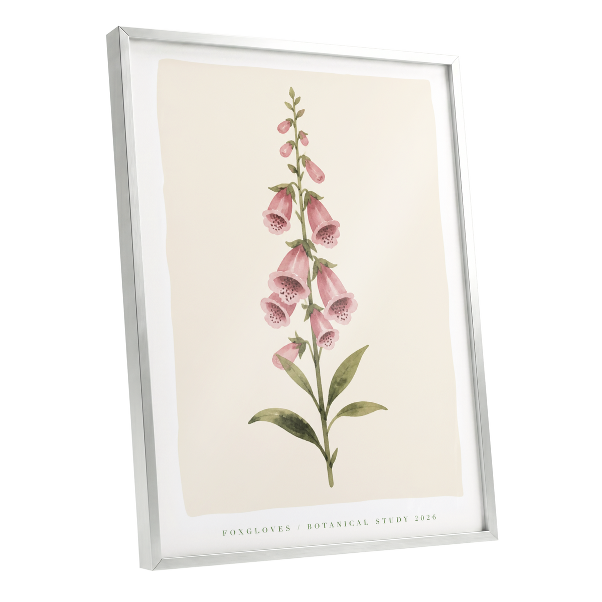 Foxglove Reverie, pink, green, beige floral wall art shown as a silver framed poster wall art print