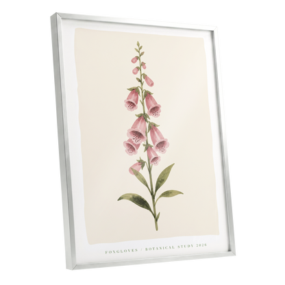 Foxglove Reverie, pink, green, beige floral wall art shown as a silver framed poster wall art print