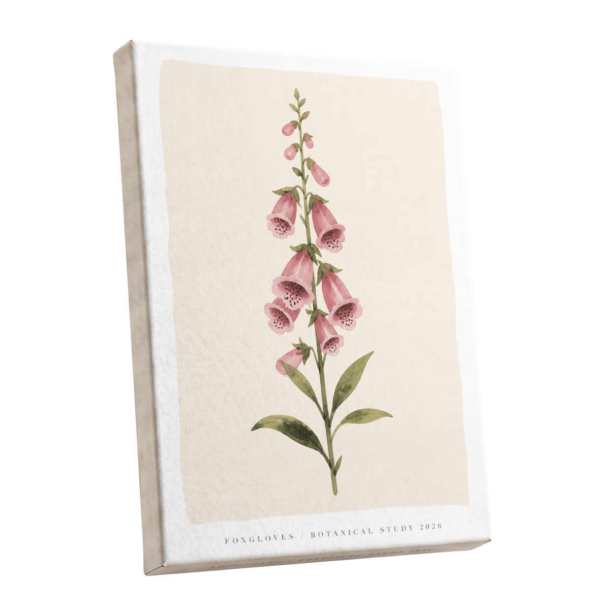 Foxglove Reverie, pink, green, beige floral wall art shown as a stretched canvas wall art