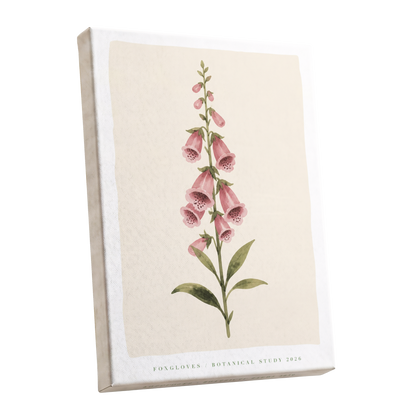 Foxglove Reverie, pink, green, beige floral wall art shown as a stretched canvas wall art