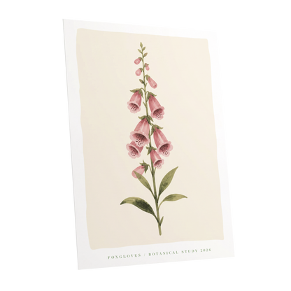 Foxglove Reverie, pink, green, beige floral wall art shown as a unframed poster wall art print