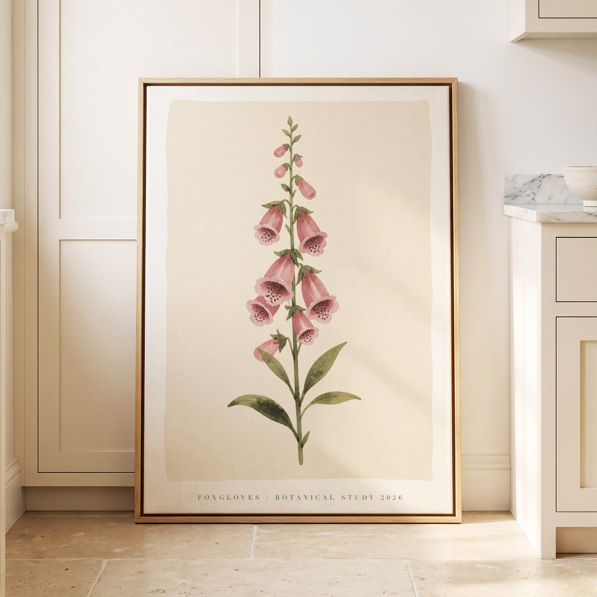Foxglove Reverie, pink, green, beige floral wall art displayed in a styled interior, gallery view 1