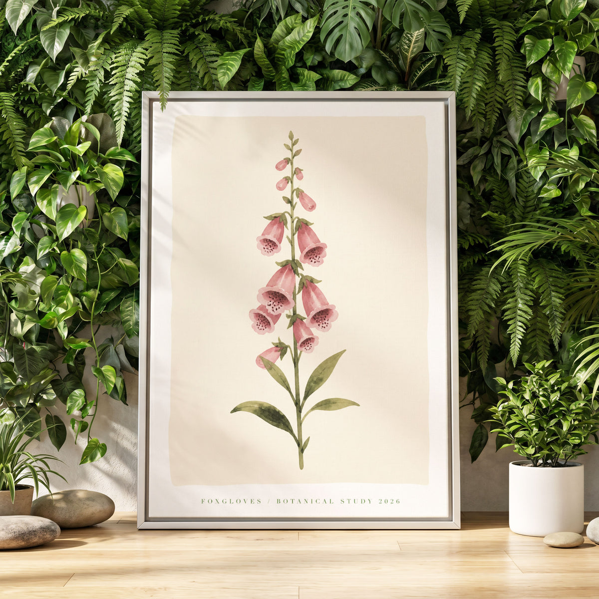 Foxglove Reverie, pink, green, beige floral wall art displayed in a styled interior, gallery view 2