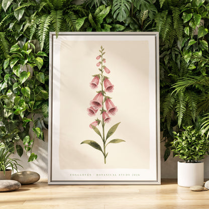 Foxglove Reverie, pink, green, beige floral wall art displayed in a styled interior, gallery view 2