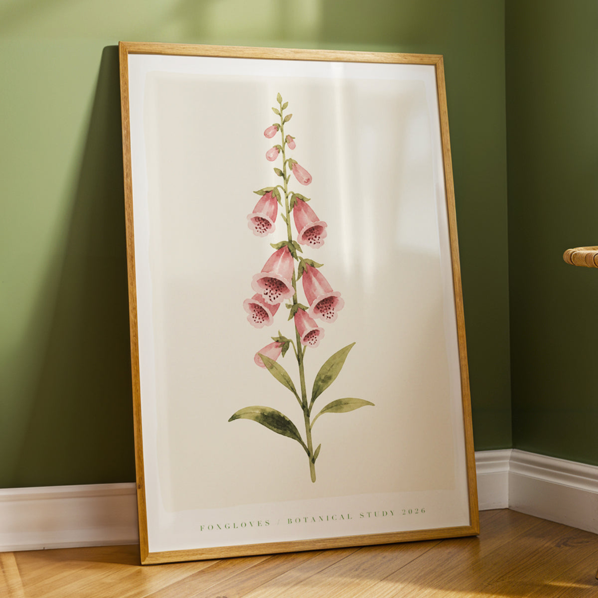 Foxglove Reverie, pink, green, beige floral wall art displayed in a styled interior, gallery view 3