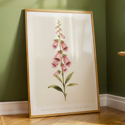 Foxglove Reverie, pink, green, beige floral wall art displayed in a styled interior, gallery view 3
