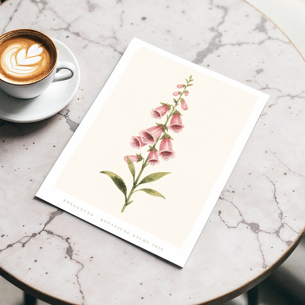 Foxglove Reverie, pink, green, beige floral wall art displayed in a styled interior, gallery view 4