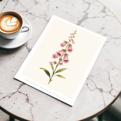 Foxglove Reverie, pink, green, beige floral wall art displayed in a styled interior, gallery view 4
