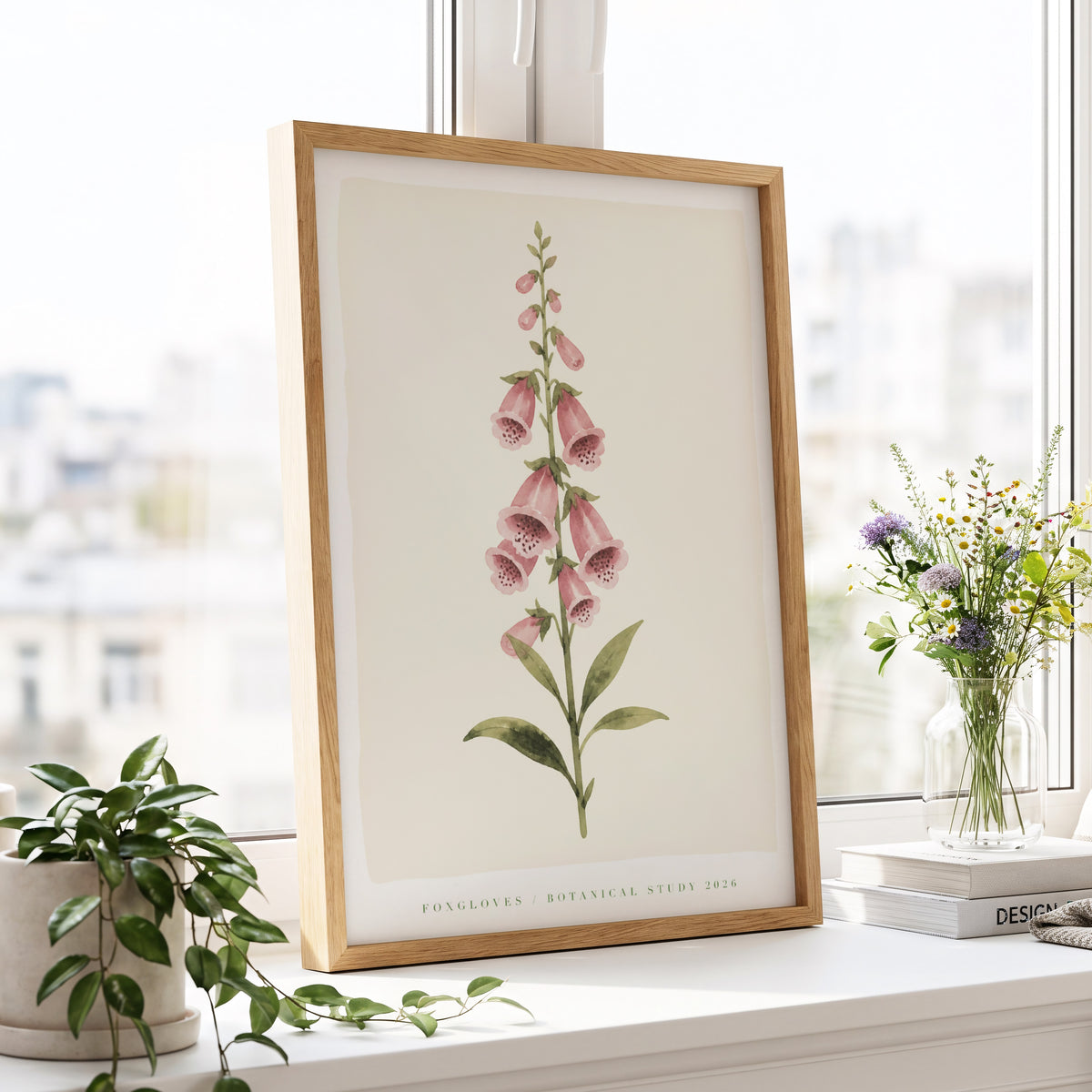 Foxglove Reverie, pink, green, beige floral wall art displayed in a styled interior, gallery view 5