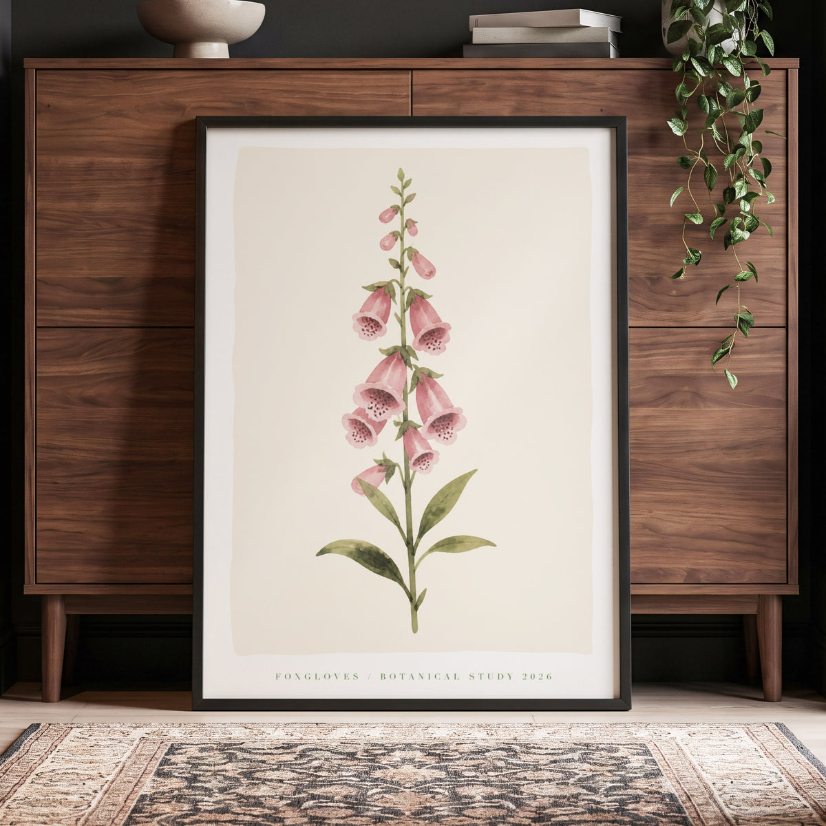 Foxglove Reverie, pink, green, beige floral wall art displayed in a styled interior, gallery view 6