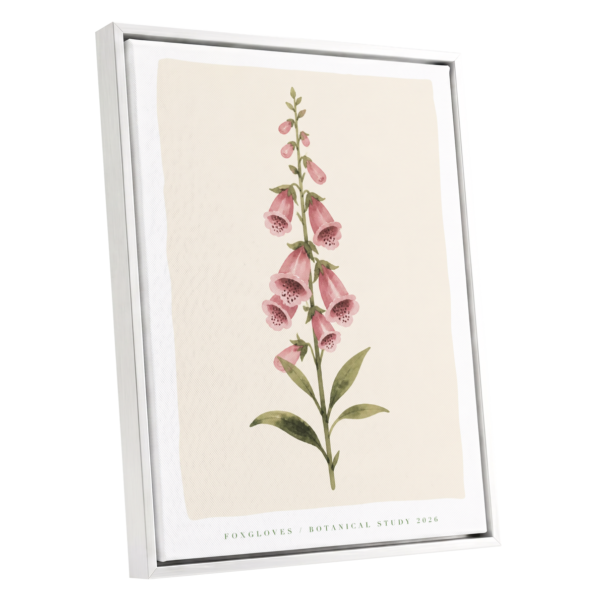 Foxglove Reverie, pink, green, beige floral wall art shown as a white framed canvas wall art