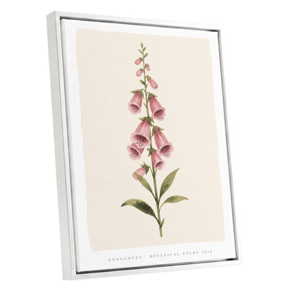 Foxglove Reverie, pink, green, beige floral wall art shown as a white framed canvas wall art