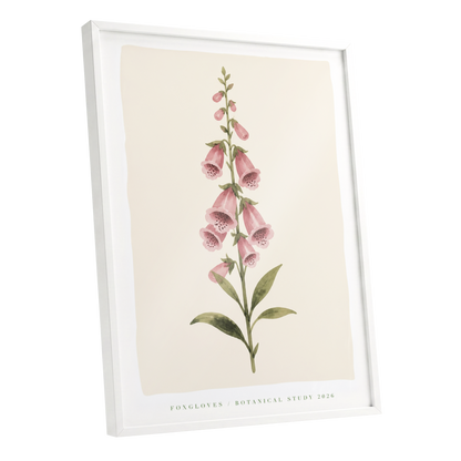 Foxglove Reverie, pink, green, beige floral wall art shown as a white framed poster wall art print