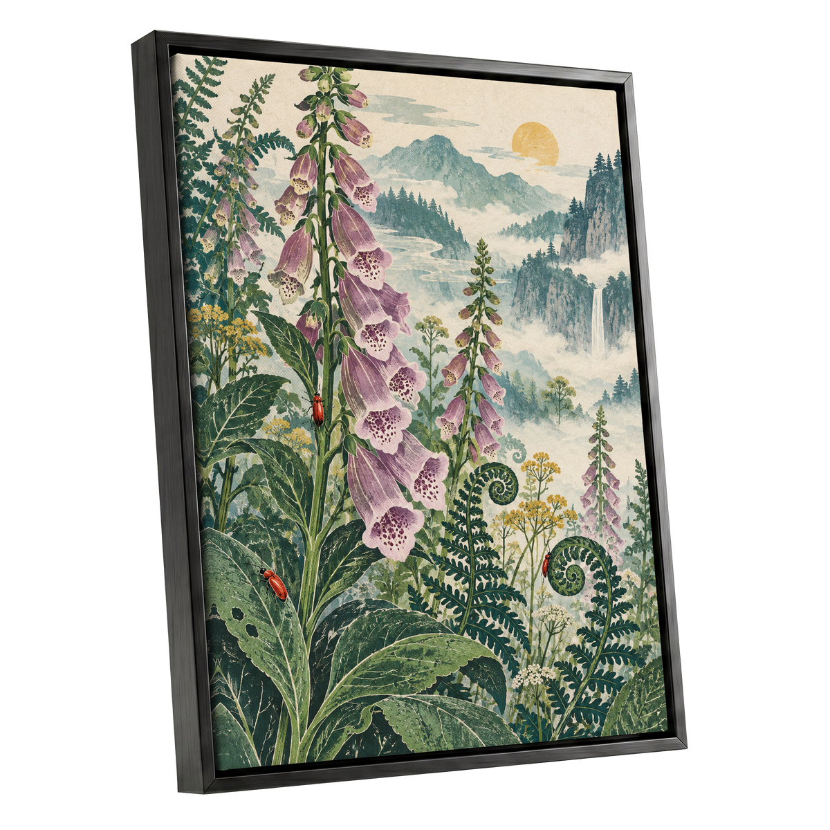 Foxgloves Above the Mist, green, purple, pink floral wall art shown as a black framed canvas wall art