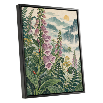 Foxgloves Above the Mist, green, purple, pink floral wall art shown as a black framed canvas wall art