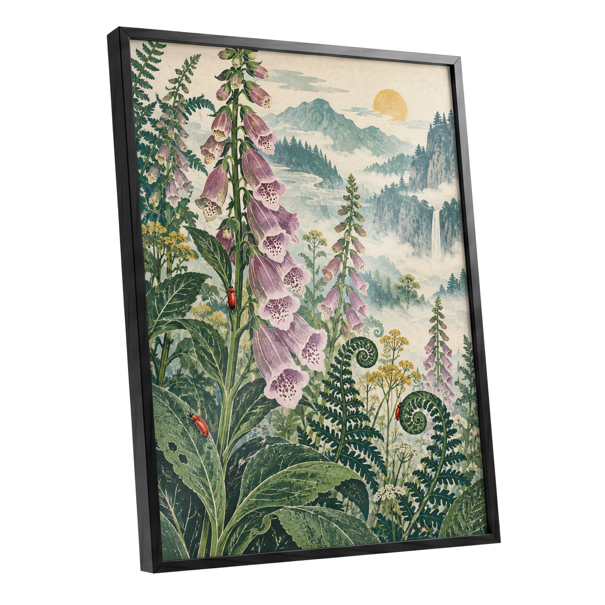 Foxgloves Above the Mist, green, purple, pink floral wall art shown as a black framed poster wall art print