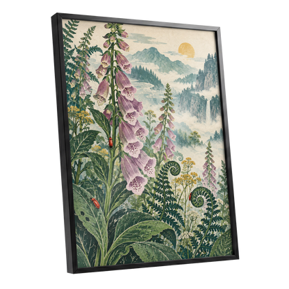 Foxgloves Above the Mist, green, purple, pink floral wall art shown as a black framed poster wall art print