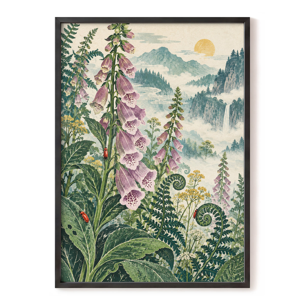 Foxgloves Above the Mist, green, purple, pink floral wall art, front artwork view