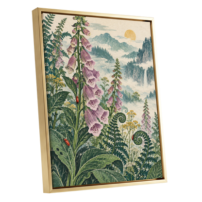 Foxgloves Above the Mist, green, purple, pink floral wall art shown as a gold framed canvas wall art