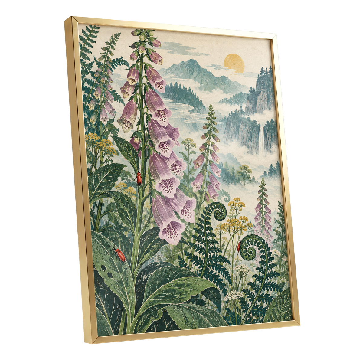 Foxgloves Above the Mist, green, purple, pink floral wall art shown as a gold framed poster wall art print