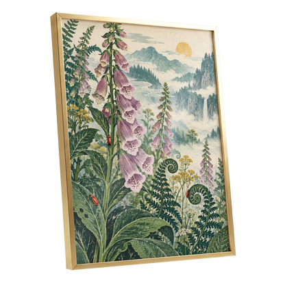 Foxgloves Above the Mist, green, purple, pink floral wall art shown as a gold framed poster wall art print