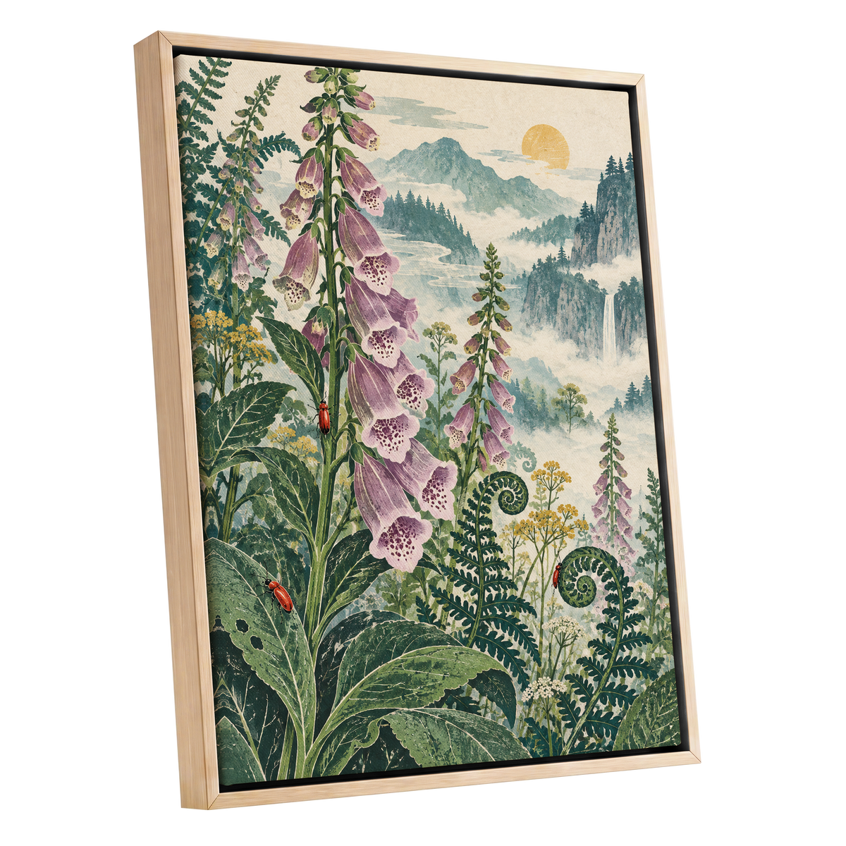 Foxgloves Above the Mist, green, purple, pink floral wall art shown as a oak framed canvas wall art