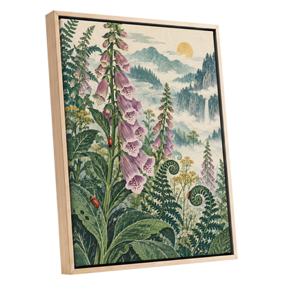 Foxgloves Above the Mist, green, purple, pink floral wall art shown as a oak framed canvas wall art