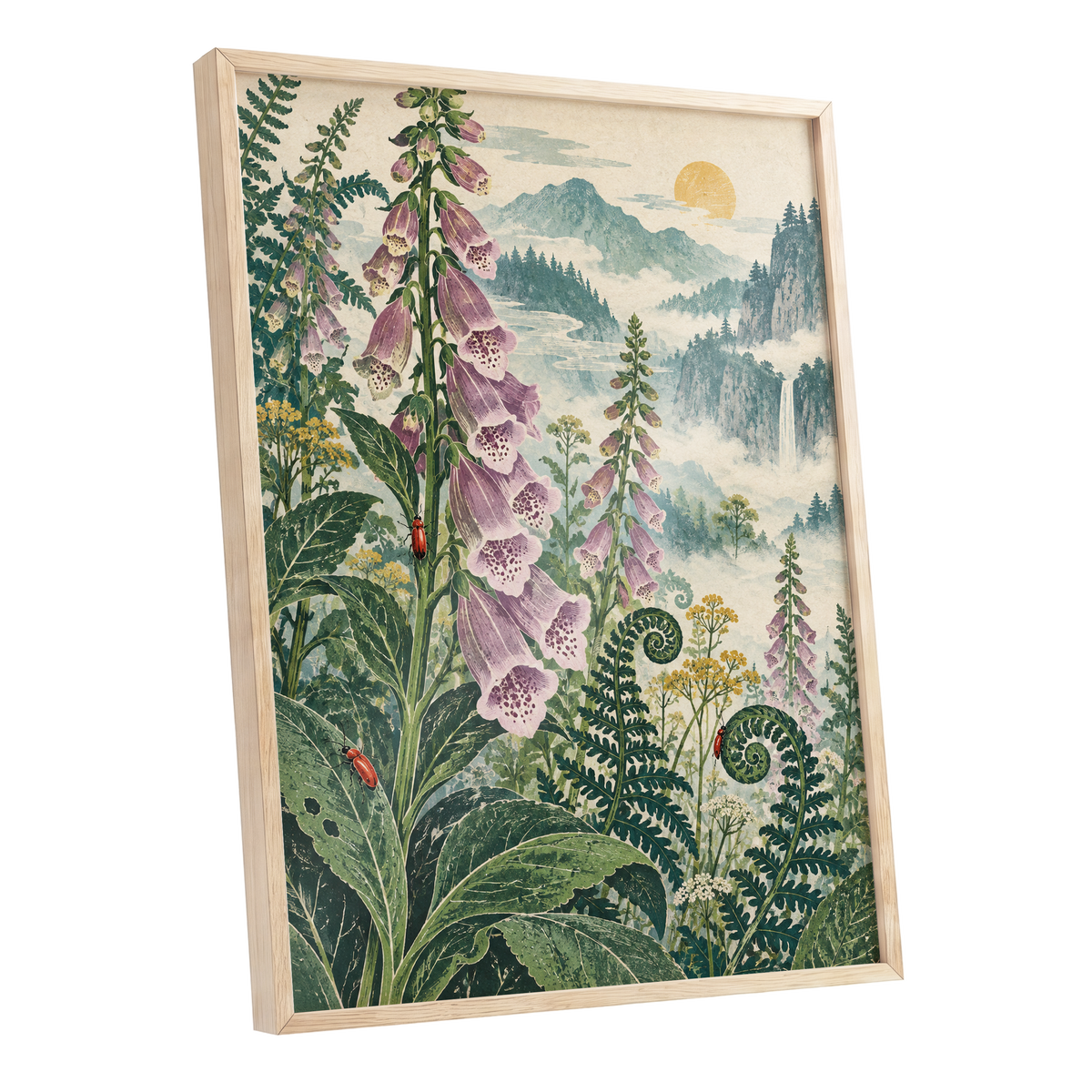 Foxgloves Above the Mist, green, purple, pink floral wall art shown as a oak framed poster wall art print