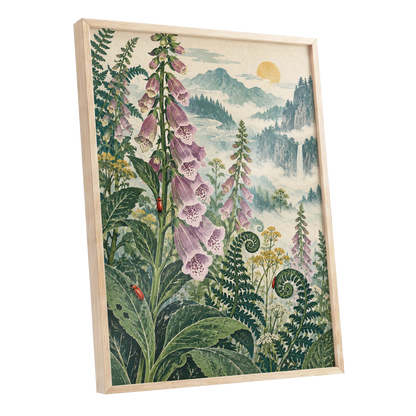 Foxgloves Above the Mist, green, purple, pink floral wall art shown as a oak framed poster wall art print