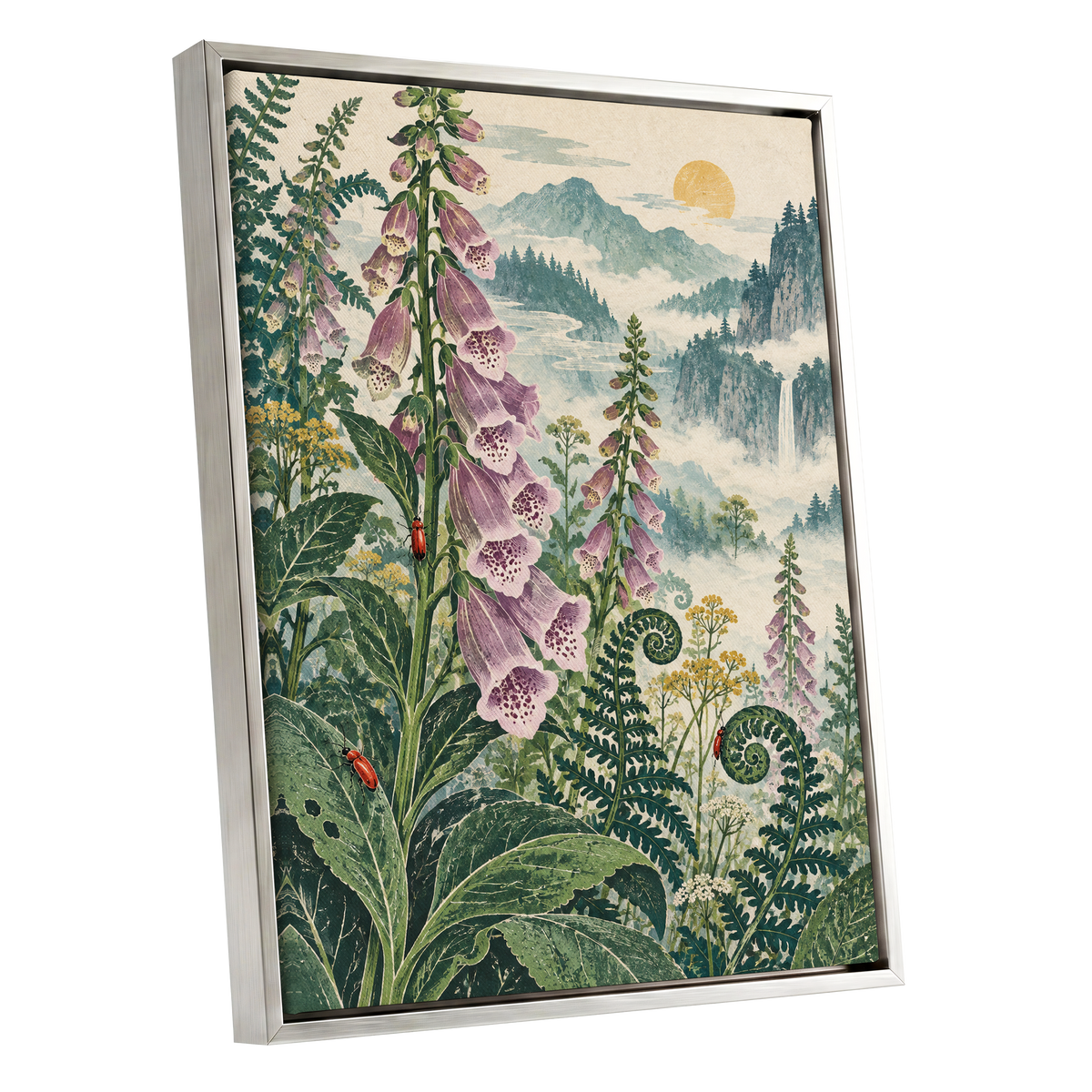 Foxgloves Above the Mist, green, purple, pink floral wall art shown as a silver framed canvas wall art