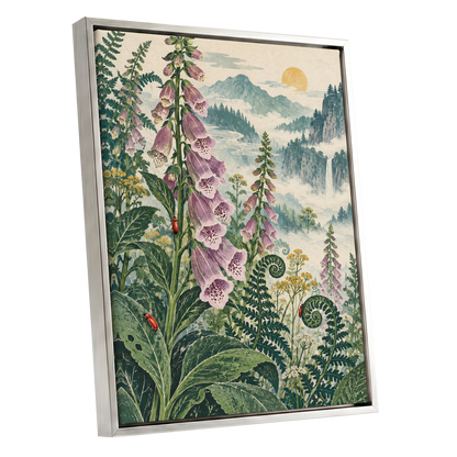 Foxgloves Above the Mist, green, purple, pink floral wall art shown as a silver framed canvas wall art