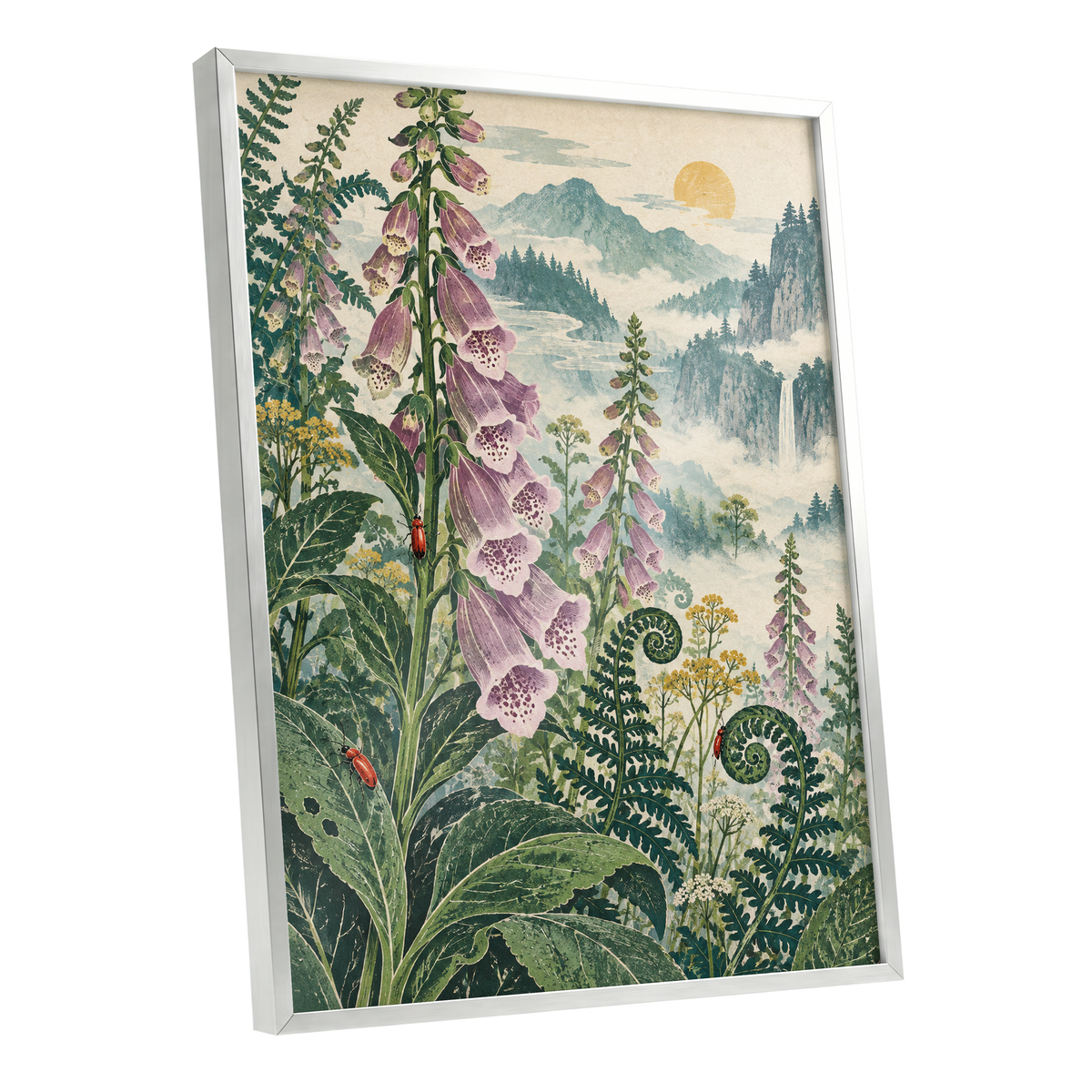 Foxgloves Above the Mist, green, purple, pink floral wall art shown as a silver framed poster wall art print