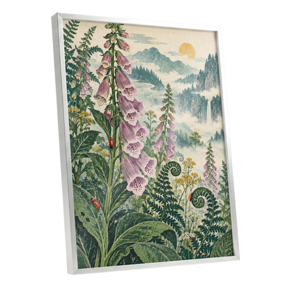 Foxgloves Above the Mist, green, purple, pink floral wall art shown as a silver framed poster wall art print