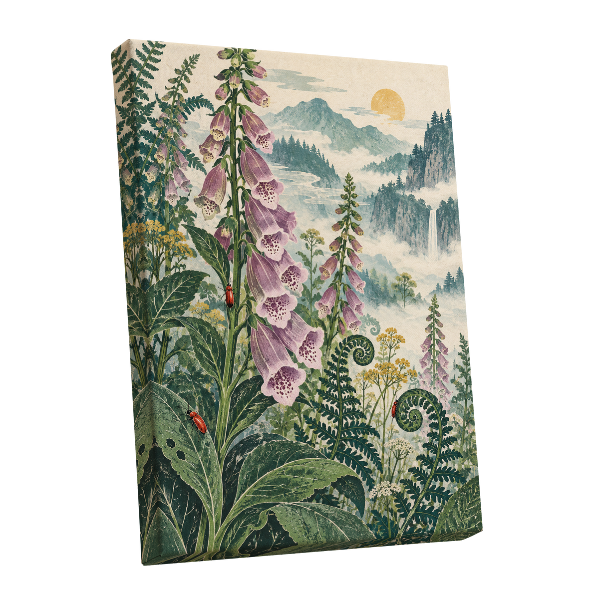 Foxgloves Above the Mist, green, purple, pink floral wall art shown as a stretched canvas wall art