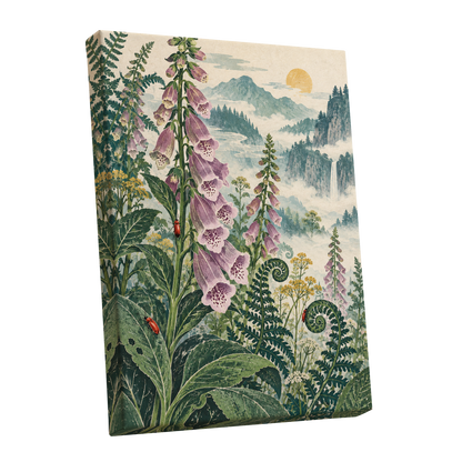 Foxgloves Above the Mist, green, purple, pink floral wall art shown as a stretched canvas wall art