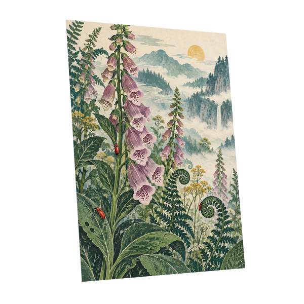Foxgloves Above the Mist, green, purple, pink floral wall art shown as a unframed poster wall art print