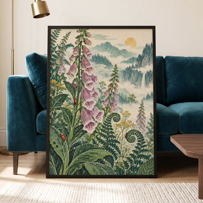 Foxgloves Above the Mist, green, purple, pink floral wall art displayed in a styled interior, gallery view 2
