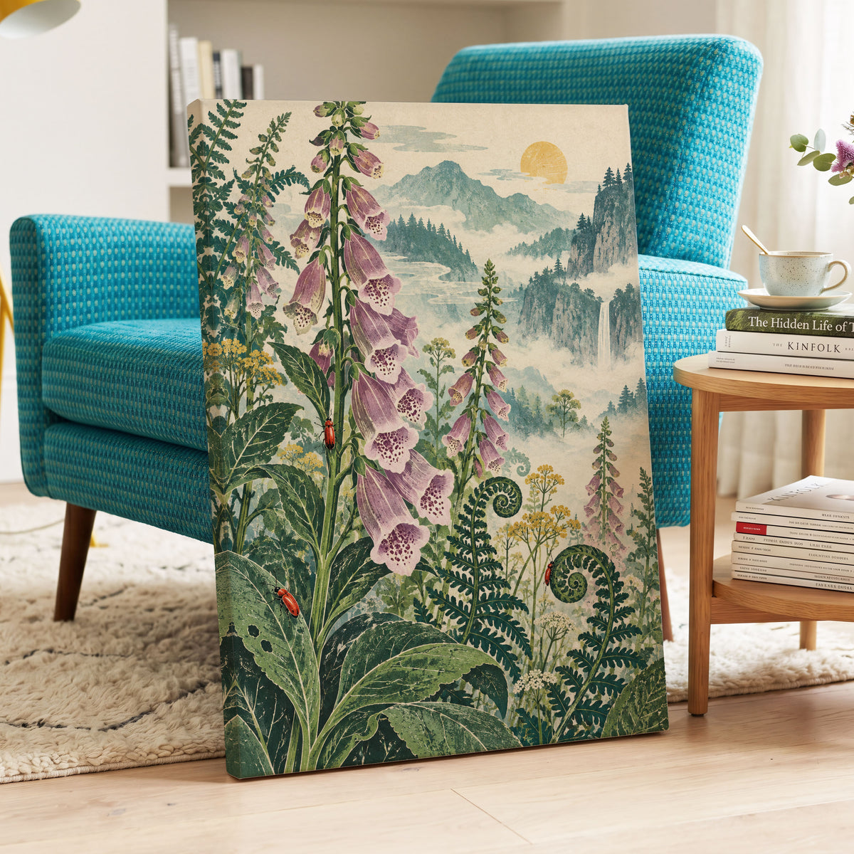 Foxgloves Above the Mist, green, purple, pink floral wall art displayed in a styled interior, gallery view 3