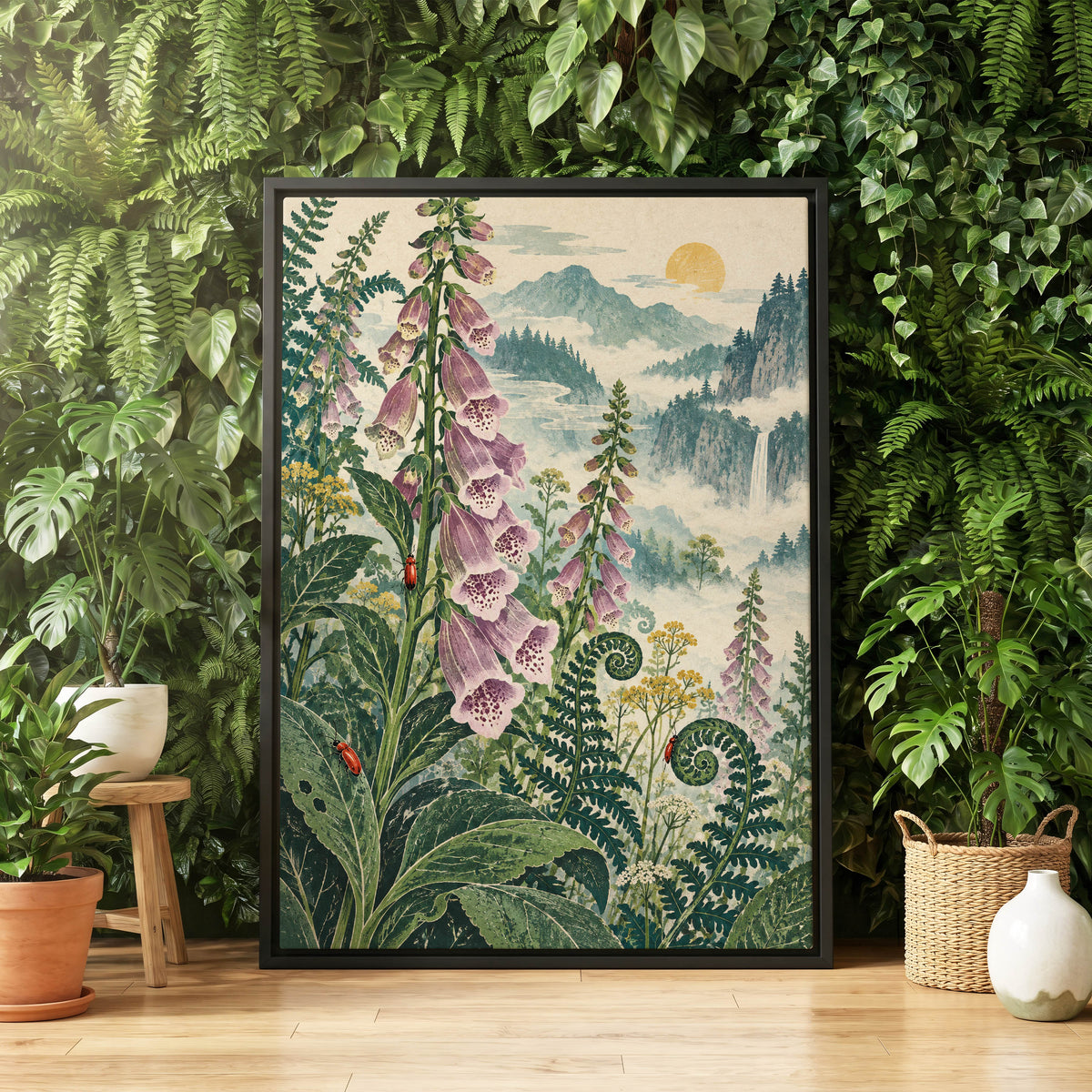 Foxgloves Above the Mist, green, purple, pink floral wall art displayed in a styled interior, gallery view 4