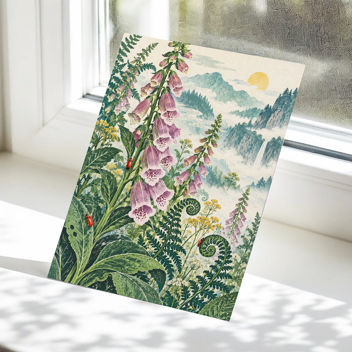 Foxgloves Above the Mist, green, purple, pink floral wall art displayed in a styled interior, gallery view 5