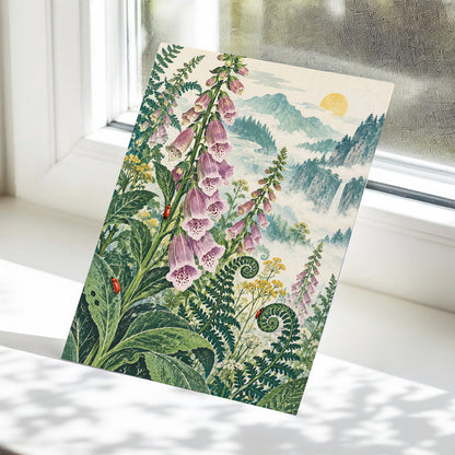 Foxgloves Above the Mist, green, purple, pink floral wall art displayed in a styled interior, gallery view 5